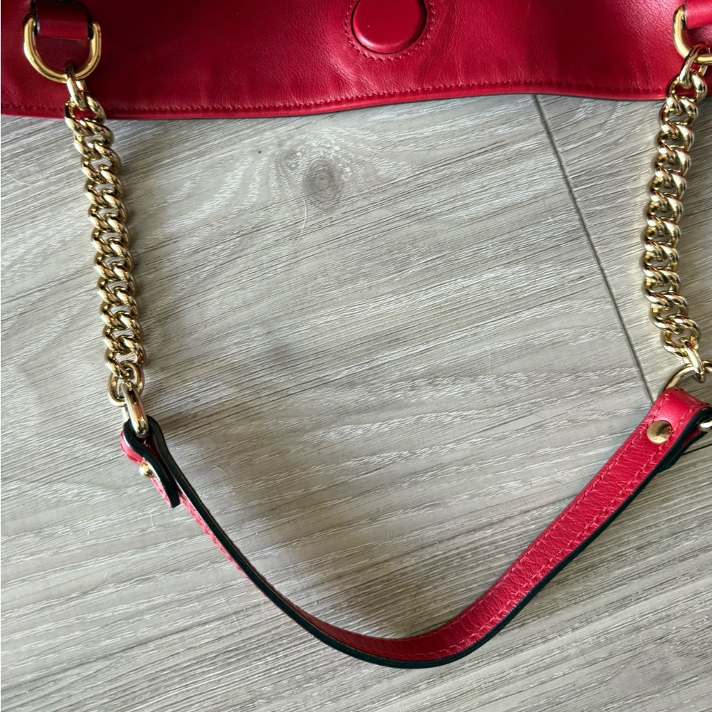 Gucci Red Leather Tote with Embossed GG and Gold Chain Handles - Picture 10 of 16